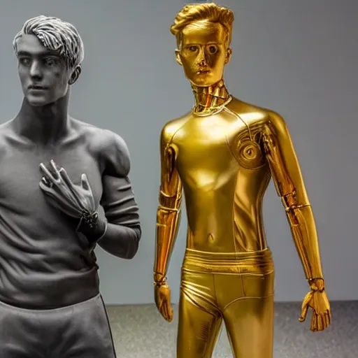Image similar to a realistic detailed photo of a guy who is an attractive humanoid who is half robot and half humanoid, who is a male android, soccer players martin ødegaard, shiny skin, posing like a statue, blank stare, in a museum, on display, showing off his muscles, gold soccer shorts, ground view, ceramic statue