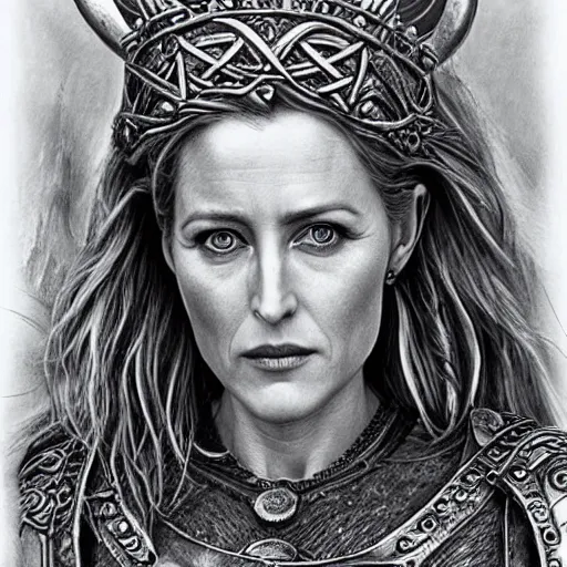 Image similar to hyper realistic pencil drawing of Gillian Anderson as a viking princess, intricate detail, beautiful, battle armor, war, fight, light, dragon, colorful