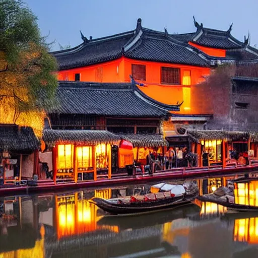 Prompt: beautiful and peaceful ancient water town in the south of china, zhouzhuang ancient town, movie style, warm color to move, boats, evening lanterns, the glow of the sunset on the water, high detailed