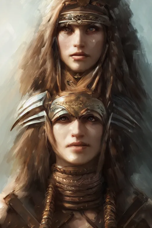 Prompt: head and shoulders focus portrait of a barbarian female high quality focus by wlop and rosstran