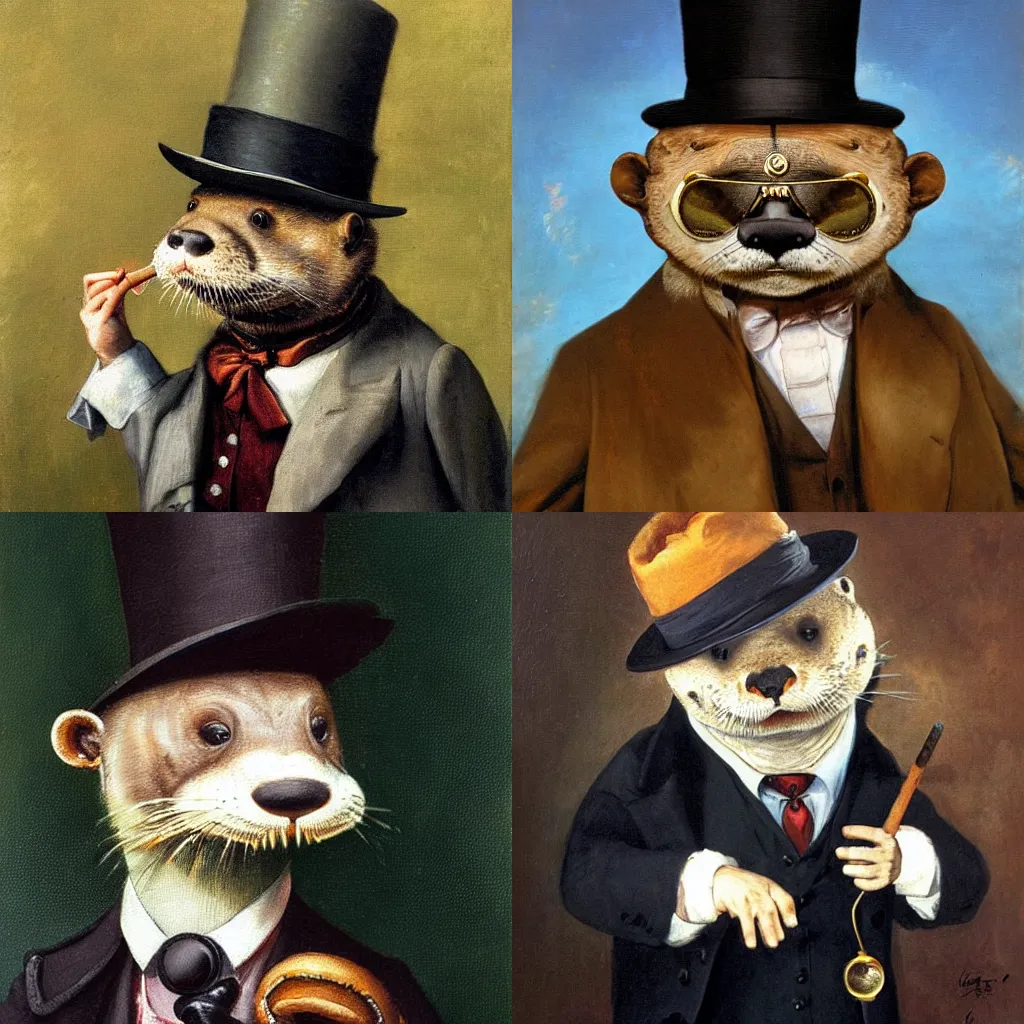 Prompt: anthropomorphic otter wearing a hat, a suit and a monocle, smoking a cigar, oil painting by jan matejko