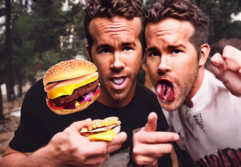 Image similar to a ultra realistic hyper realistic underexposed fujifilm 800 photograph of ryan reynolds being eaten by a burger