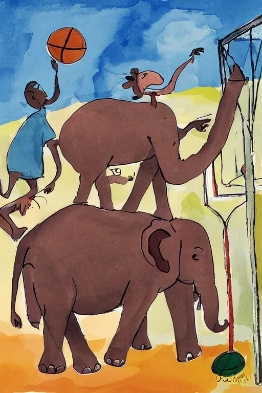 Image similar to elephants playing basketball by quentin blake