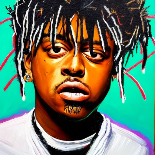 Image similar to detailed neo expressionism oil painting of sad boy juice wrld rapper by basquiat