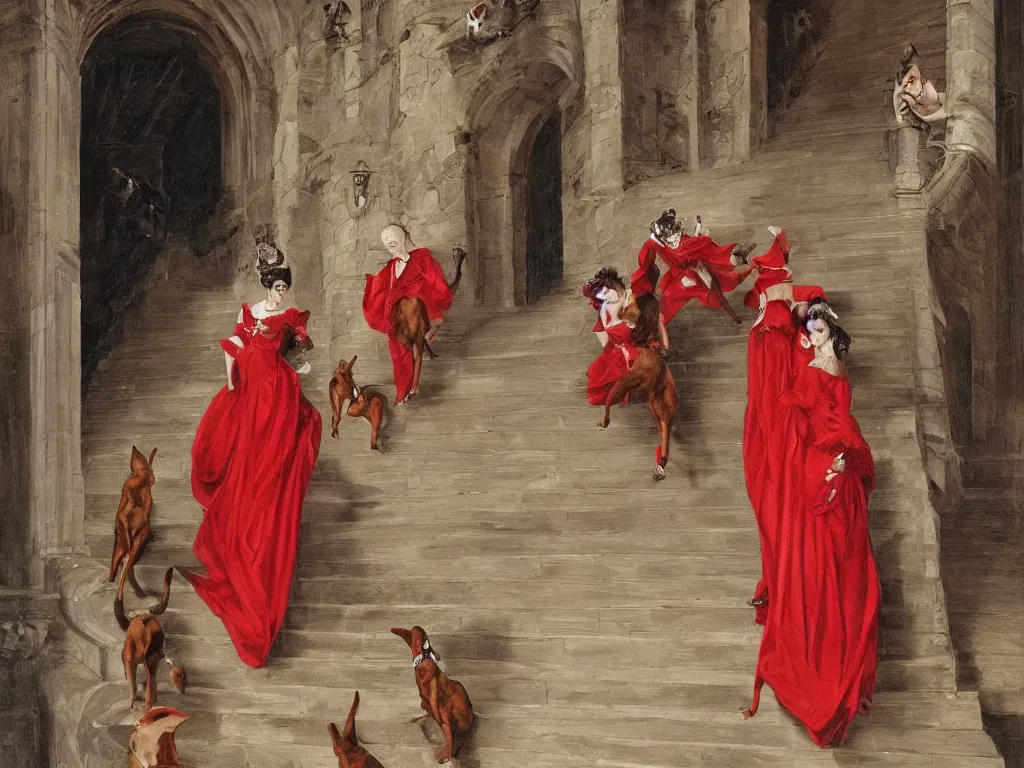Prompt: An impressive castle entrance, a beautiful woman wearing a red dress, coming down the stairs, sided by two fierce Dobermans, painted by Desiderio Monsu