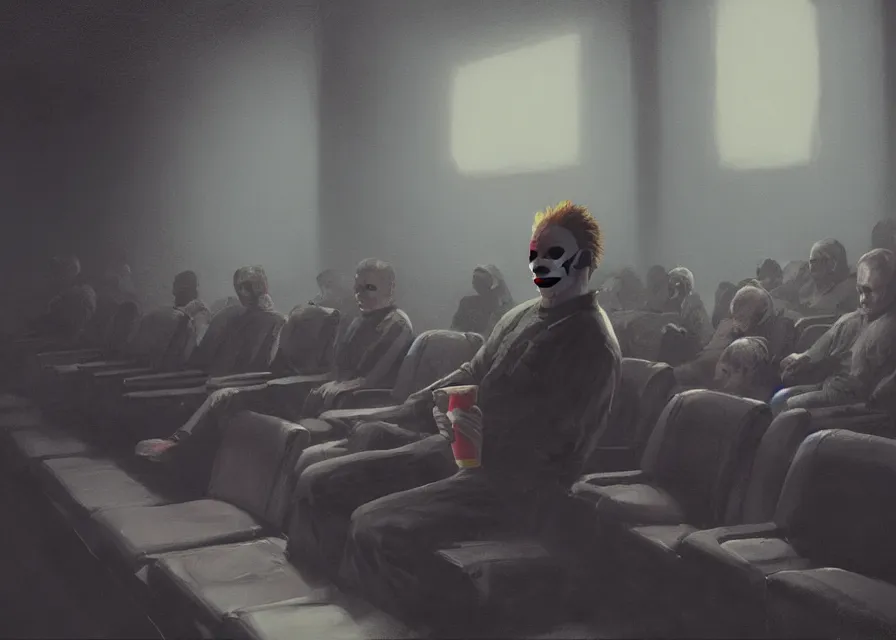 Prompt: painting of Michael Myers sitting in a row of movie theater seats eating popcorn, sharp focus, face focused, trending on ArtStation, masterpiece, by Greg Rutkowski, by Ross Tran, by Fenghua Zhong, octane, soft render, oil on canvas, moody lighting, high contrast, cinematic, pics that go hard, professional environmental concept art