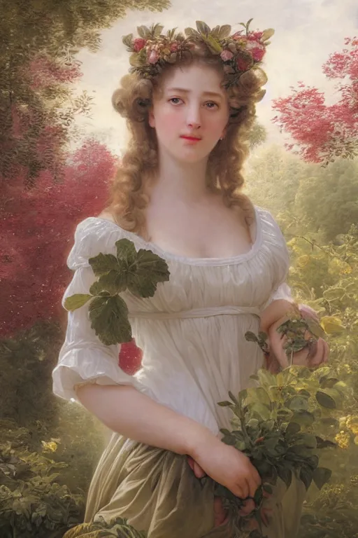 Image similar to queen of the garden full body portrait, loving amber eyes, a shy face, style portrait painting of François Boucher, Oil Painting, unreal 5, DAZ, hyperrealistic, octane render, Regal, Refined, Detailed Digital Art, RPG portrait, William-Adolphe Bouguereau, Michael Cheval, dynamic lighting, Highly Detailed, Cinematic Lighting, Unreal Engine, 8k, HD