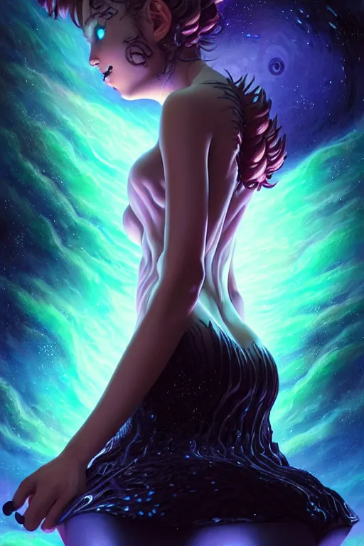 Prompt: azathoth girl wearing a dress made of milky way, seductive pose, occlusion shadow, specular reflection, rim light, unreal engine, artgerm, artstation, art by hiroaki samura and ilya kuvshinov and ossdraws, intricate, highly detailed 8 k, cosmic horror illustration, extremely beautiful shape of face and body