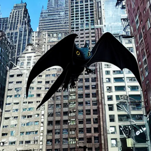 Image similar to toothless from how to train your dragon flying in new york city