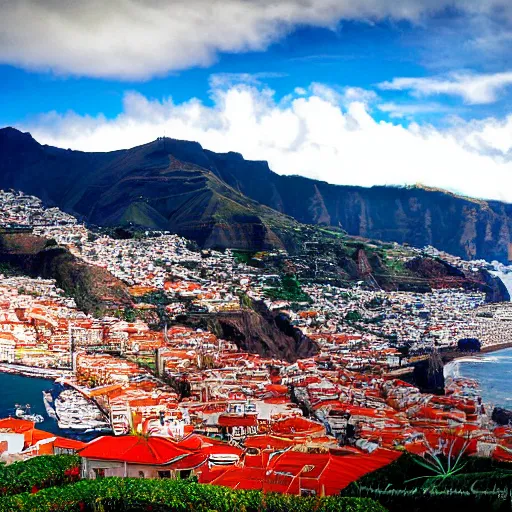 Image similar to madeira island, funchal, the bay, very very wide shot, photo - realism, cinematic shot. photography