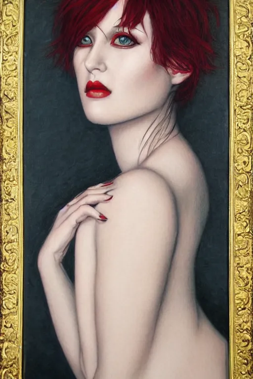 Prompt: Beautiful oil painting of Alice Cullen by Chie Yoshii, portrait, nature, symmetrical face, dramatic lighting, pale, red lips, short black hair, sharp focus, smooth