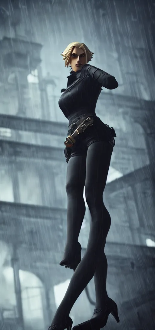 Image similar to portrait shot of beautiful annie leonhart on high heels in dunwall city, redshift render, beautiful face, detailed face, cinematic lighting, rainy weather, melancholy atmosphere, volumetric light, octane render, dishonored 1, gothic architecture, realistic reflections, octane render 8 k