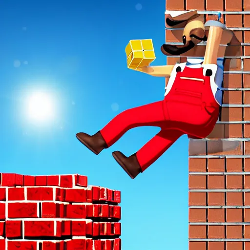 Prompt: plumber with a mustache, red overalls, jumping to hit a brick cube floating above the ground