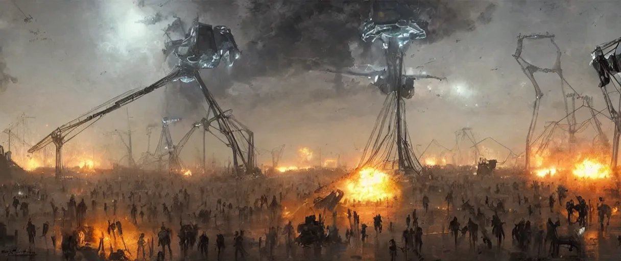 Image similar to war of the worlds, giant mech attack paris, human soldiers, intense fighting, glowing lights!! digital painting, very detailed, art by jakub rozalski