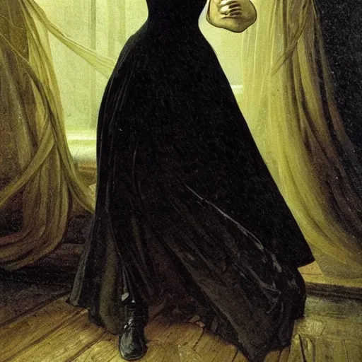 Image similar to A beautiful victorian woman, gothic dress, flowing hair, oil painting, portrait, dramatic lighting, masterpiece, painted by Caspar David Friedrich