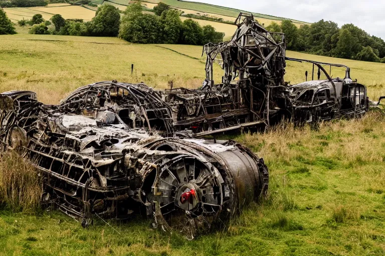 Image similar to beautiful english countryside, a ginormous destroyed streampunk machine lies broken in a field, many people, fire and oil