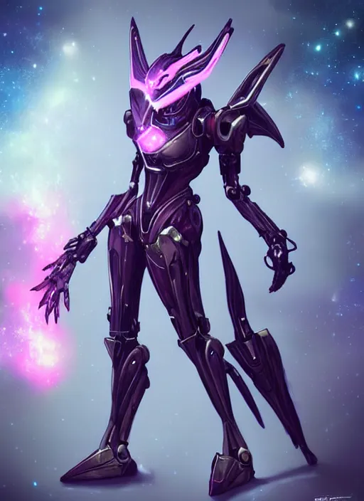 Image similar to cinematic shot, cosmic sized perfectly proportioned stunning beautiful hot female warframe, robot mecha female dragon head, metal ears led eyes, silver armor, fuschia leds, floating in empty space, nebula sized, holding a galaxy, epic proportions, epic size, epic scale, furry art, dragon art, giantess art, warframe fanart, furaffinity, deviantart