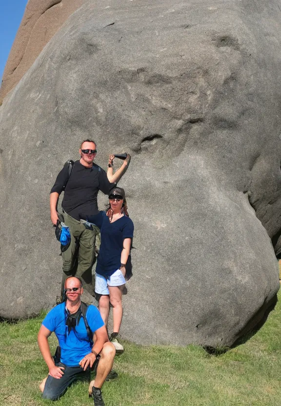 Image similar to tourist photo next to the world's biggest rock, high resolution