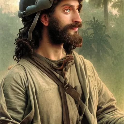 Image similar to an extremely detailed matte painting of a ridiculously good looking jesus that looks like a jewish gigachad in the vietnam war, ballistic helmet that says'born to save ', long curly hair, camouflaged gear, very detailed, jungles of vietnam beautiful, intricate, cinematic, artstation, william bouguereau, alphonse mucha, greg rutkowski, octane render