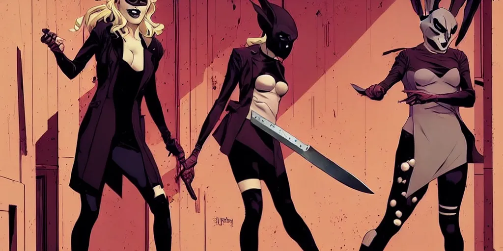 Image similar to style of Jaime McKelvie and Joshua Middleton comic book art, cinematic lighting, realistic, people fighting stabbing shooting each other The Purge blood death fires, bunny mask female villain holding a bloody kitchen knife, standing in an alleyway, full body sarcastic pose, symmetrical, realistic body, knee high socks, night, horror, dark color palette