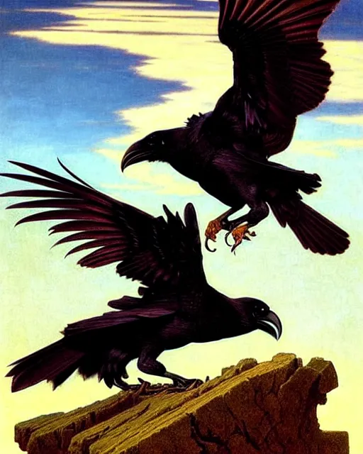 Image similar to two fighting ravens, emotionally evoking symbolic metaphors, fantasy, ornamental, intricate, elegant, highly detailed digital painting, artstation, concept art, painterly, golden ratio, sharp focus, illustration, art by John William Godward and Alphonse Mucha and Zdzisław Beksiński,