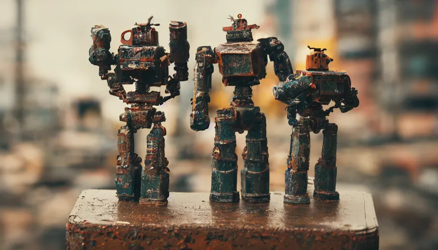 Image similar to miniature figurines of giant rusty robots on an old metal table, HD 8K, depth of field, fstop 1.2, bokeh, dynamic lighting, 50mm lens, 1970s kodak film