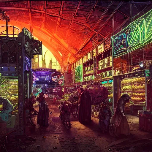 Prompt: cyberpunk goth farmers market by william barlowe and pascal blanche and tom bagshaw and elsa beskow and enki bilal and franklin booth, neon rainbow vivid colors smooth, liquid, curves, very fine high detail 3 5 mm lens photo 8 k resolution