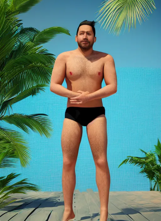 Image similar to 3 2 - year - old sporty man, short stubble, wearing tropical short sleeve shirt and speedo, character design, octane render, 8 k, portrait