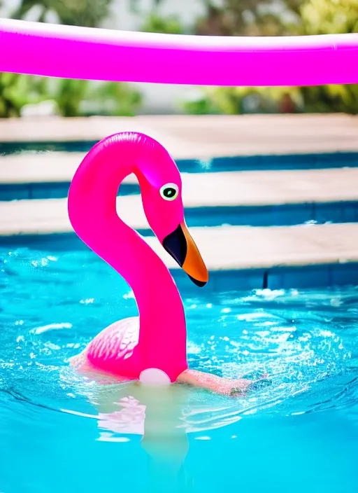 Image similar to photo of a young girl in a swimming pool with an inflatable flamingo, photo realistic, s, 8 k high definition, intricate, elegant