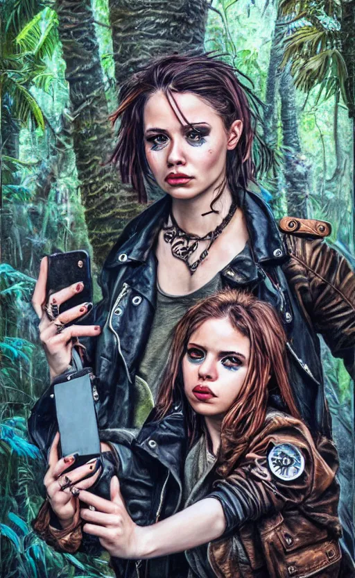 Prompt: cute punk rock girl making selfie in jungles, mad max jacket, renaissance, cables on her body, hyper realistic style, oil painting, highly detailed, fantasy by Olga Fedorova