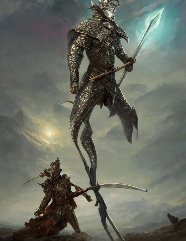 Image similar to masked warrior in crystalline diamond armour holding a diamond spear and standing on a hilltop, by frank fazetta and peter mohrbacher, trending on artstation, digital art, 4 k resolution, detailed, high quality, hq artwork, coherent, insane detail, concept art, character concept, character full body portrait