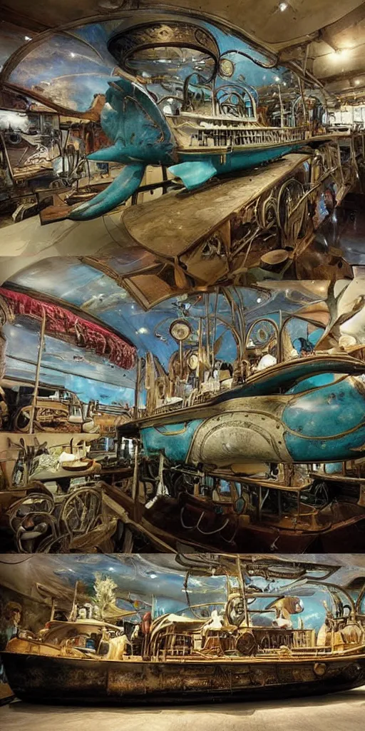 Prompt: a vintage steampunk living whale submarine by alexander jansson and leonardo da vinci