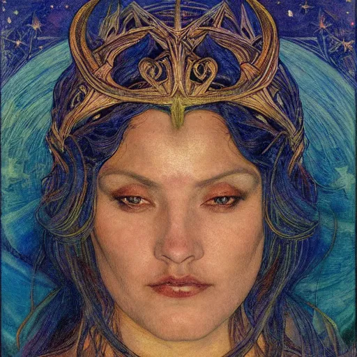 Image similar to queen of the moon with stars in her hair, by annie swynnerton and tino rodriguez and nicholas roerich and jean delville and donato giancola and diego rivera, dramatic lighting, god rays, geometric tattoos, rich colors, smooth sharp focus, extremely detailed, adolf wolfli