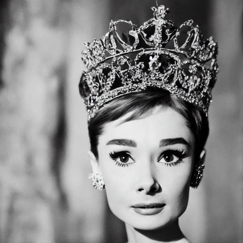 Prompt: portrait of audrey hepburn as a crowned queen, ultra realistic, canon 3 5 mm photography