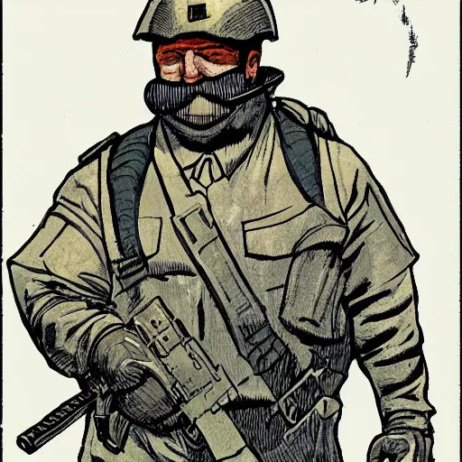 Prompt: gk chesterton as a buff mercenary in military gear. in style of moebius.