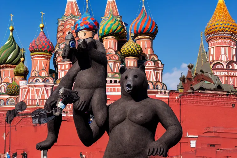 Image similar to a gigantic statue of bear holding vodka in the middle of the red square, excited russians, symmetry, awesome exposition, very detailed, highly accurate, 8 k