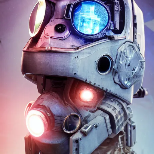 Prompt: photoreal portrait of a futuristic intricate angry robot in a post apocalyptic server bunker of singularity, intricate malfunctioning circuits, glittering light leaks, electromagnetic waves, blue glowing agressive led eyes, wearing a very intricate wwii combat flight mask and goggles, octane render, trending on artstation, cyberpunk, dystopia tokyo
