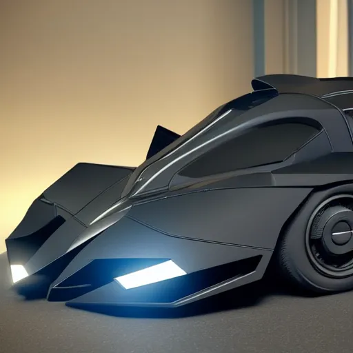 Image similar to still photo of batmobile, highly detailed, photorealistic, bright studio setting, studio lighting, crisp quality and light reflections, unreal engine 5 quality render