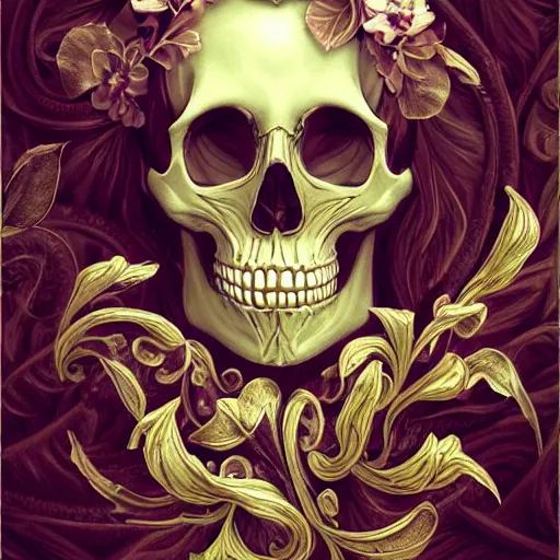 Prompt: beautiful classical holy decorative ornament, sacred death portrait, ornate skull, acanthus scrolls, lilies, ivy, energy, geometry, bones, petals, stems, ceremonial clouds, dripping paint, fibonacci rhythm, artstation, artgerm, wlop