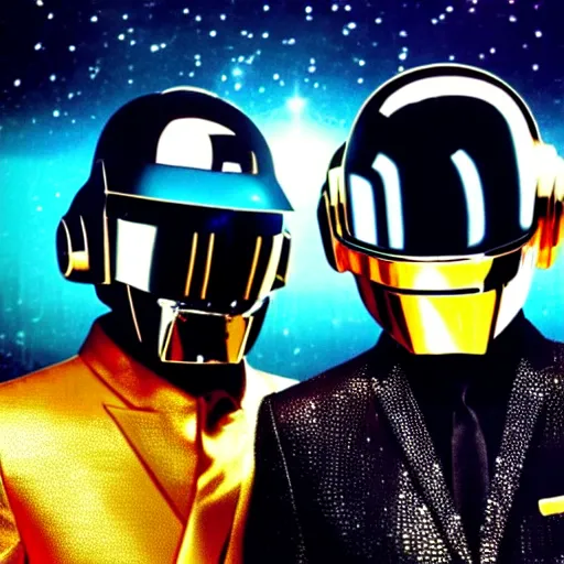 Image similar to Daft Punk duo near each other standing above a spaceship in space, realistic, high quality