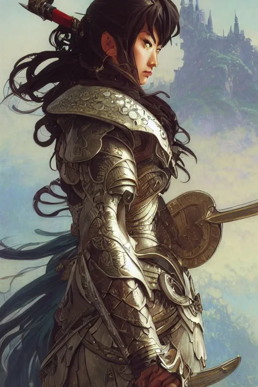 Prompt: portrait of a beautiful mysterious anime woman warrior wearing an armour costume, profile view, weilding a sword, fantasy, regal, intricate, by stanley artgerm lau, greg rutkowski, thomas kinkade, alphonse mucha, loish, norman rockwell