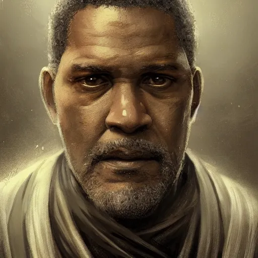 Image similar to portrait of a man by greg rutkowski, old jedi master, black, he looks like laurence fishbourne, star wars expanded universe, he is about 6 0 years old, wearing jedi robes, highly detailed portrait, digital painting, artstation, concept art, smooth, sharp foccus ilustration, artstation hq