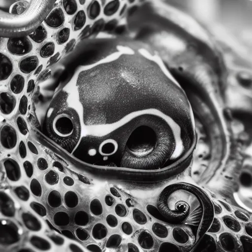 Prompt: a close up of an octopus with large eyes, a macro photograph by craola, lovecraftian, grotesque, macro photography