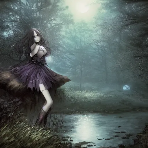 Image similar to goth woman in a moonlight view, in a forest, a river, tankoban, 4 k, tone mapping, akihiko yoshida, james jean andrei riabovitchev marc simonetti, yoshitaka amano, long hair, curly, h. hydrochaeri