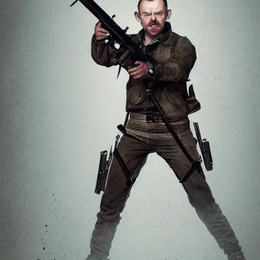 Prompt: simon pegg with winchester - rifle portrait, horror core, apocalyptic, sharp focus, fiction, hyper detailed, digital art, trending in artstation, cinematic lighting, studio quality, smooth render, unreal engine 5 rendered, octane rendered, art style and nixeu and wlop and krenz cushart