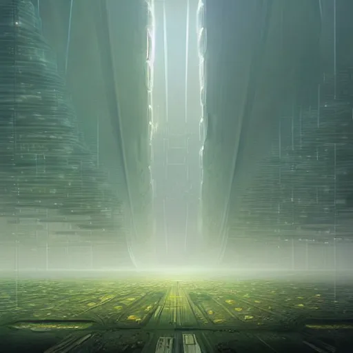 Prompt: a futuristic city scape of vertical organic farms, breeding, growing, cellular structures, epic landscape, endless towering science fiction towers, misty, in the style of john harris