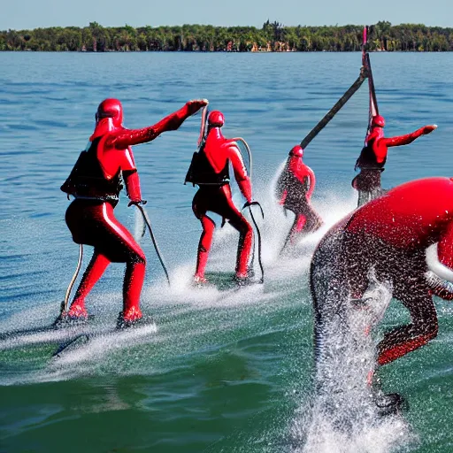 Image similar to Highly detailed professional photography of tesla bots doing a human pyramid while water skiing