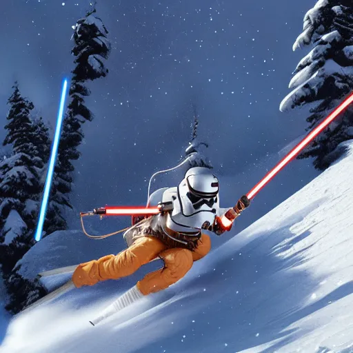 Prompt: star wars xwing pilot skiing down a mountain using lightsabers as poles, highly detailed, high resolution, ultra realistic