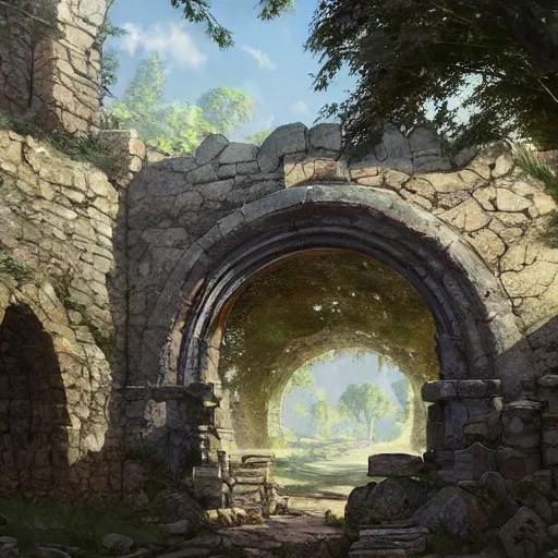 Image similar to concept art painting of an ornate ancient stone archway, in the woods, realistic, detailed, cel shaded, in the style of makoto shinkai and greg rutkowski and james gurney