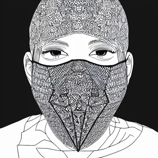 Prompt: “geometrically surreal order of face mask, extremely high detail, photorealistic, intricate line drawings, dotart, album art in the style of James Jean”